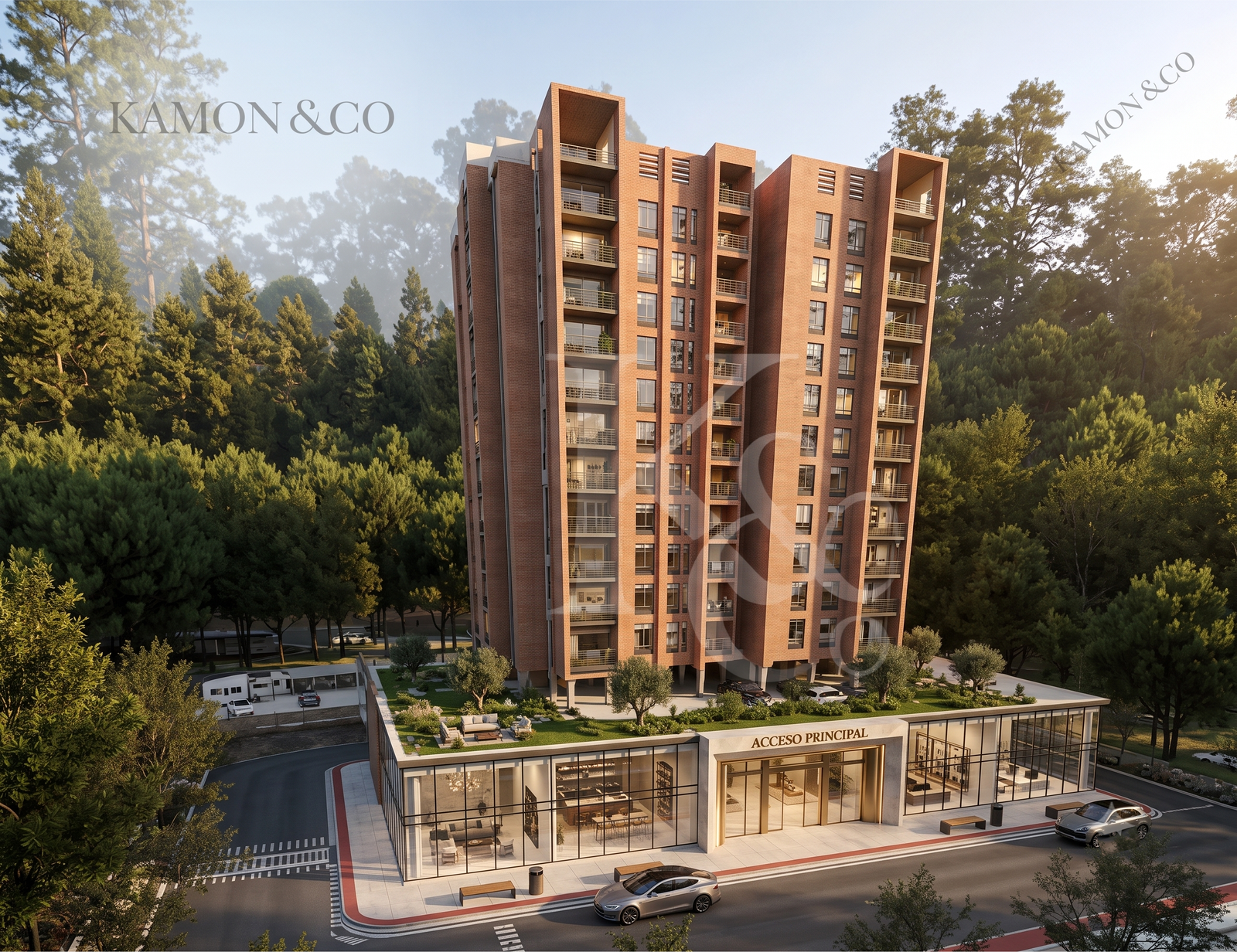 Render arquitectónico fotorrealista de edificio multifamiliar Trama Urbana en Bello, Antioquia, con diseño contemporáneo, locales comerciales, zonas verdes y visualización 3D desarrollada por KAMON & CO.