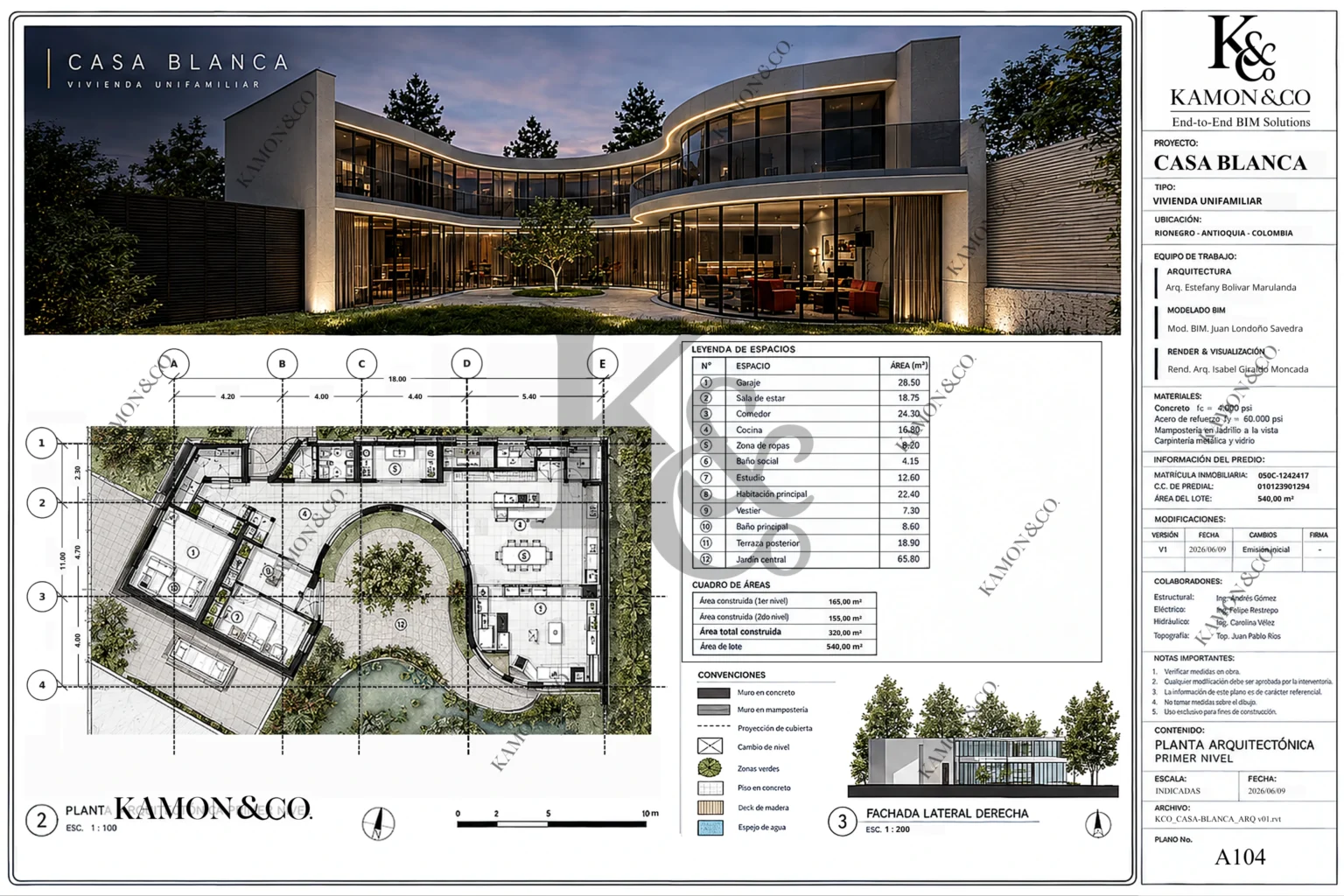 Lámina de representación arquitectónica Casa Blanca Llanogrande KAMON & CO. con planta arquitectónica, fachadas y visualización 3D de vivienda contemporánea.