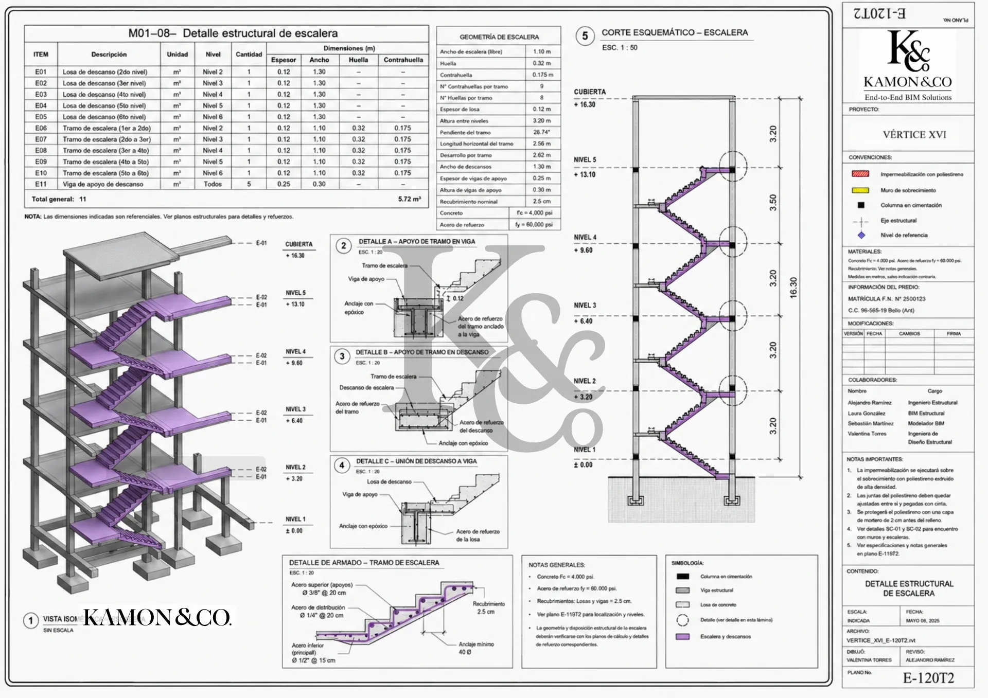 Lámina estructural KAMON & CO. E-120T2 con detalle de escalera, geometría, cortes, apoyos, uniones y representación 3D del proyecto Vértice XVI.