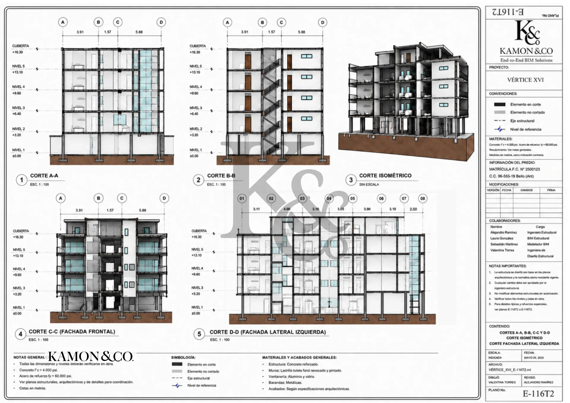 Lámina estructural KAMON & CO. E-116T2 con cortes A-A, B-B, C-C y D-D, niveles, ejes y vista isométrica del proyecto Vértice XVI.