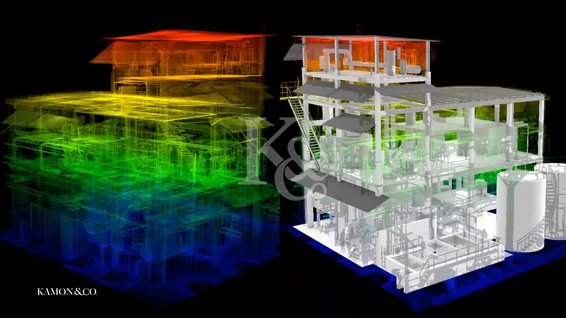 Scan to BIM en planta petroquímica: comparación entre nube de puntos y modelo BIM As-Built desarrollada por KAMON & CO.
