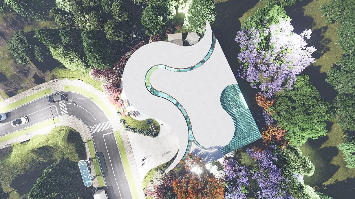 Photorealistic aerial rendering of THE CURVE Corporate Headquarters in Envigado, Antioquia, Colombia by KAMON & CO.