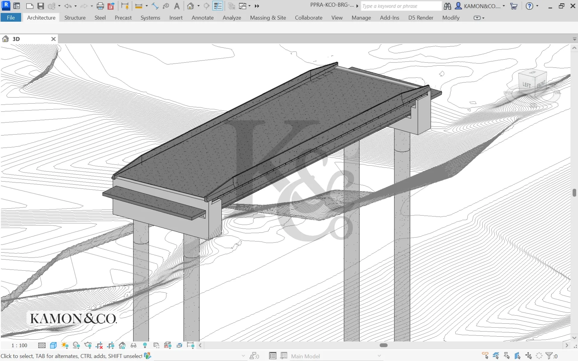 Vista 3D lateral de la estructura del puente sobre la quebrada Puerto Parra, Santander
