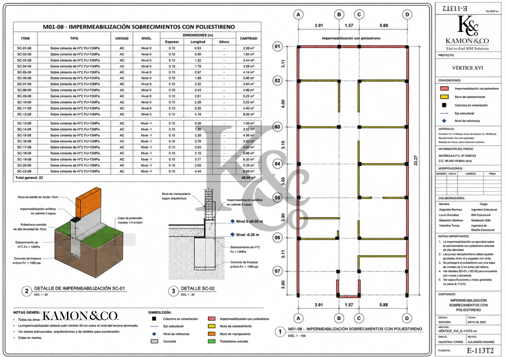 Lámina estructural KAMON & CO. E-113T2 de impermeabilización de sobrecimientos con poliestireno del proyecto Vértice XVI.