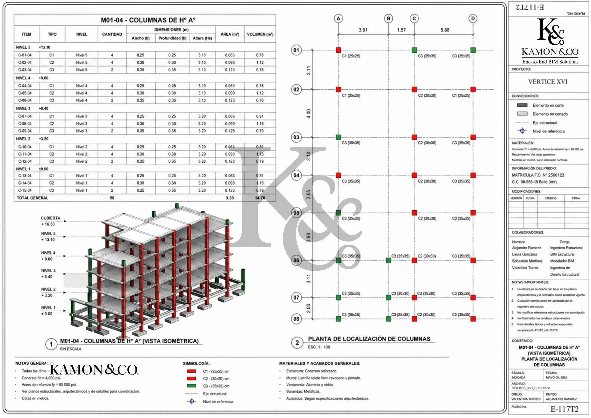 Lámina estructural KAMON & CO. E-117T2 con cuadro y localización de columnas de hormigón armado y vista isométrica BIM del proyecto Vértice XVI.