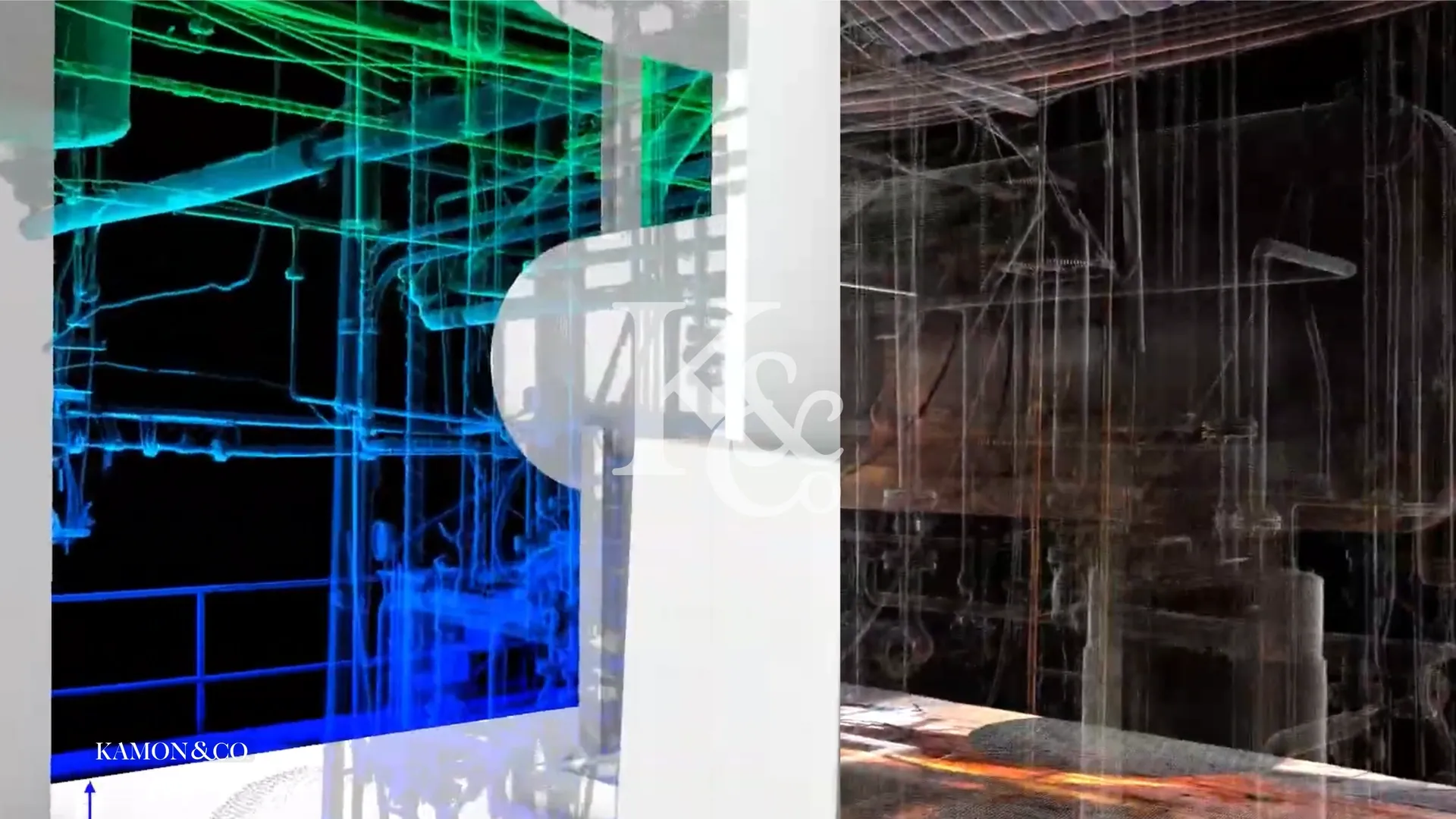 Vista detallada del modelo BIM de una planta petroquímica con tuberías y estructuras industriales desarrollada por KAMON & CO.