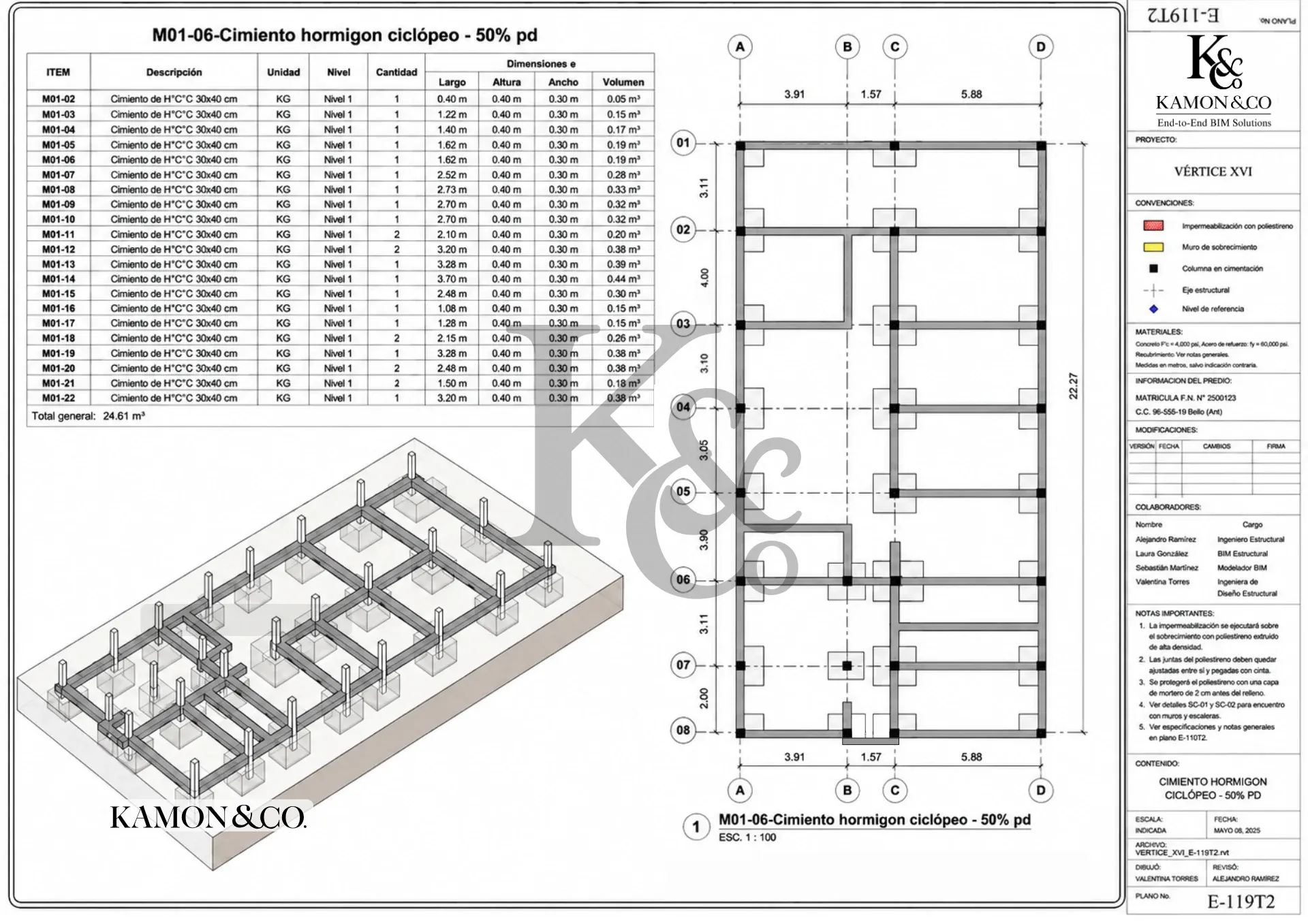 Lámina estructural KAMON & CO. E-119T2 con cuadro de cantidades, planta y vista isométrica de cimentación en hormigón ciclópeo del proyecto Vértice XVI.
