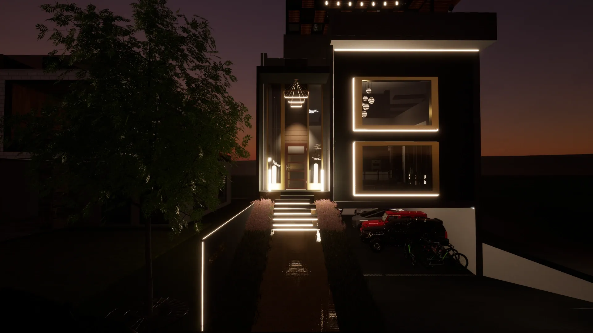 Photorealistic nighttime front facade rendering of CASA 100 multifamily residential project in Rionegro, Antioquia, Colombia by KAMON & CO.