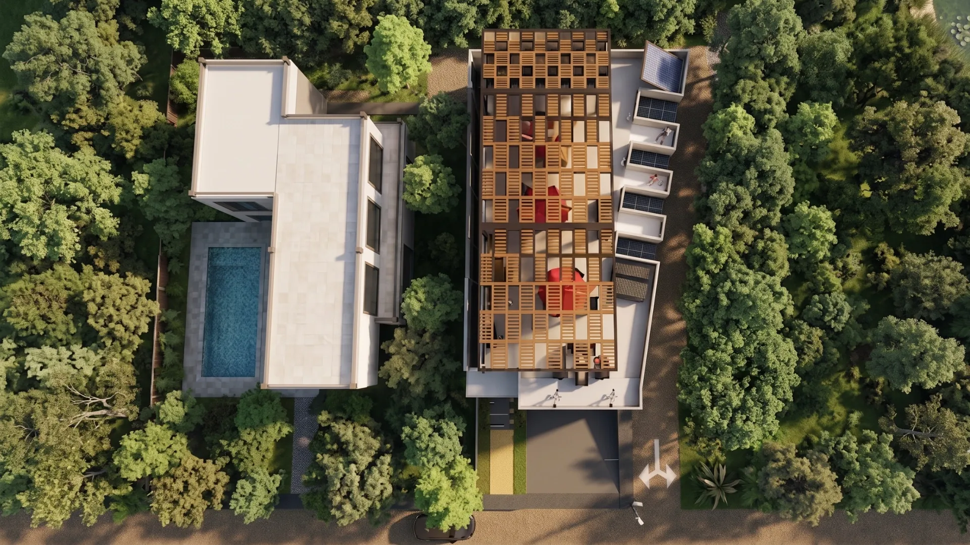 Top view daytime render of CASA 100, a contemporary multifamily residential project in Rionegro, Antioquia, Colombia, designed by KAMON & CO.