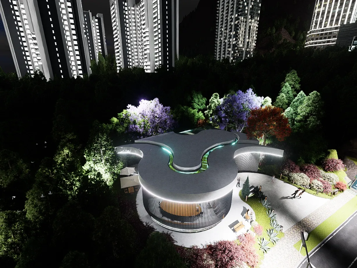 Photorealistic nighttime front facade rendering of THE CURVE Corporate Headquarters in Envigado, Antioquia, Colombia by KAMON & CO.