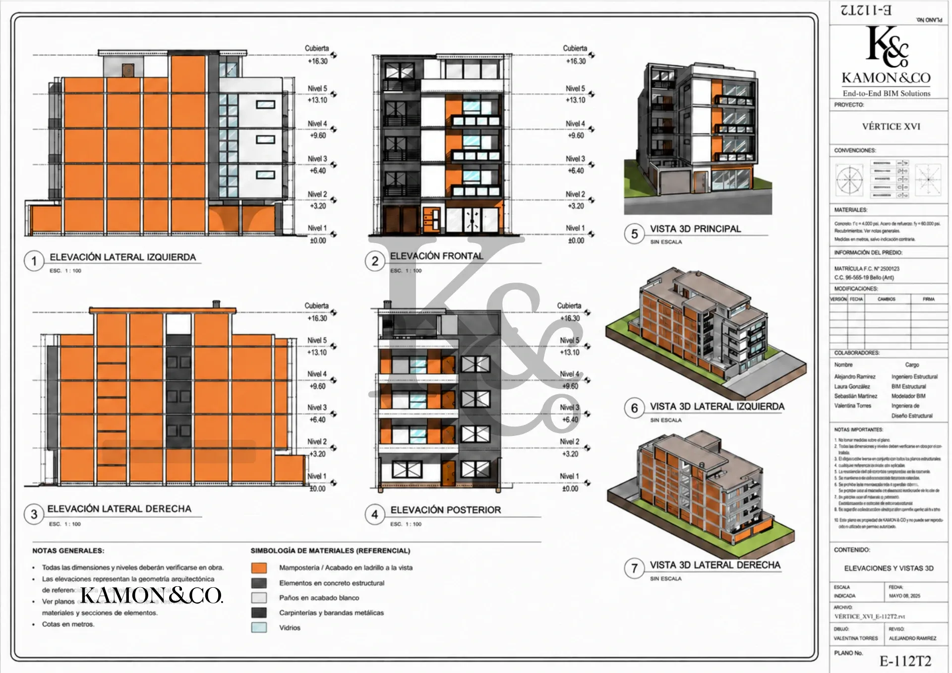Lámina KAMON & CO. E-112T2 con elevaciones estructurales y vistas 3D del proyecto Vértice XVI.