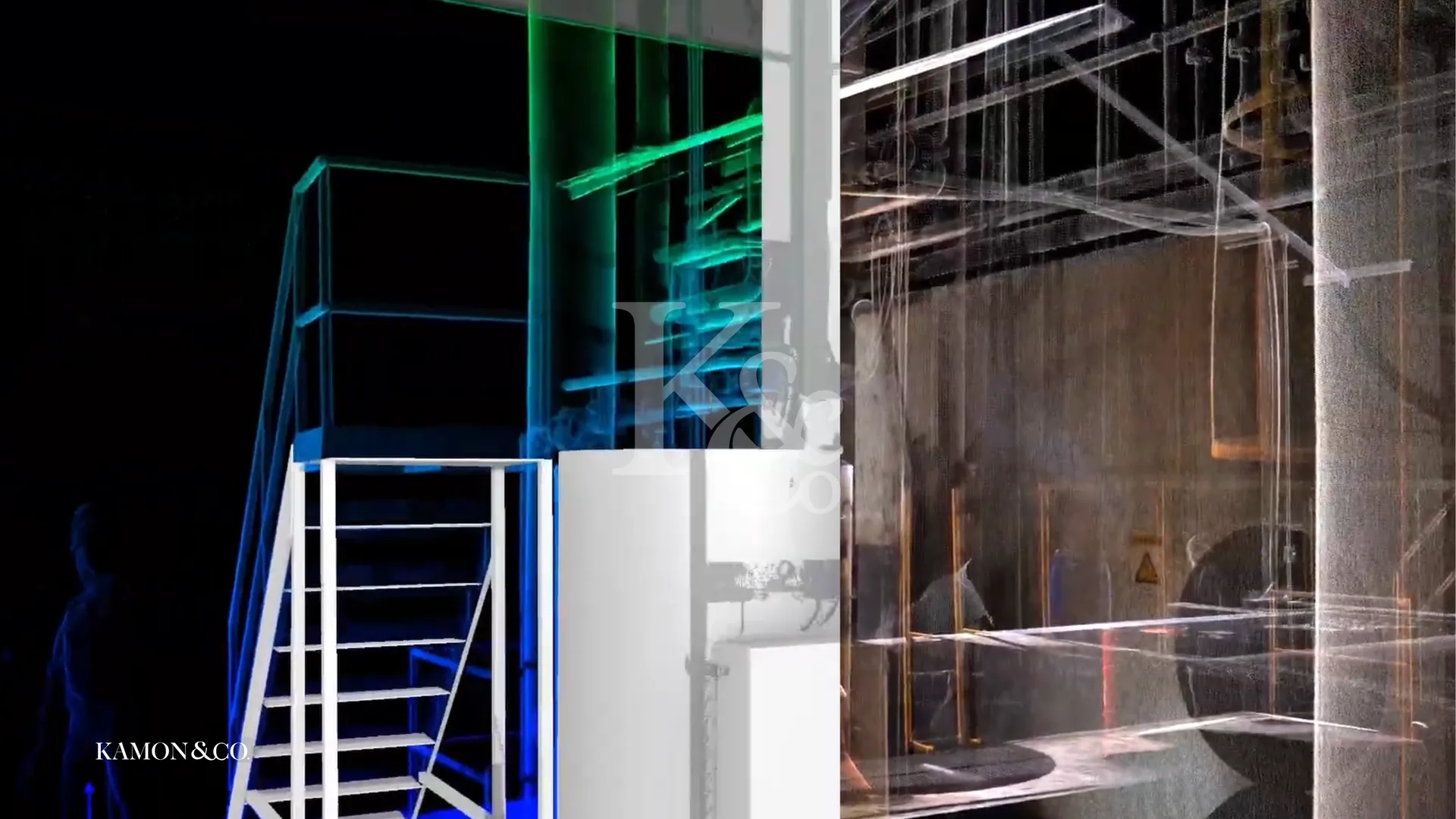 Escalera industrial en un modelo BIM de planta petroquímica desarrollado por KAMON & CO.
