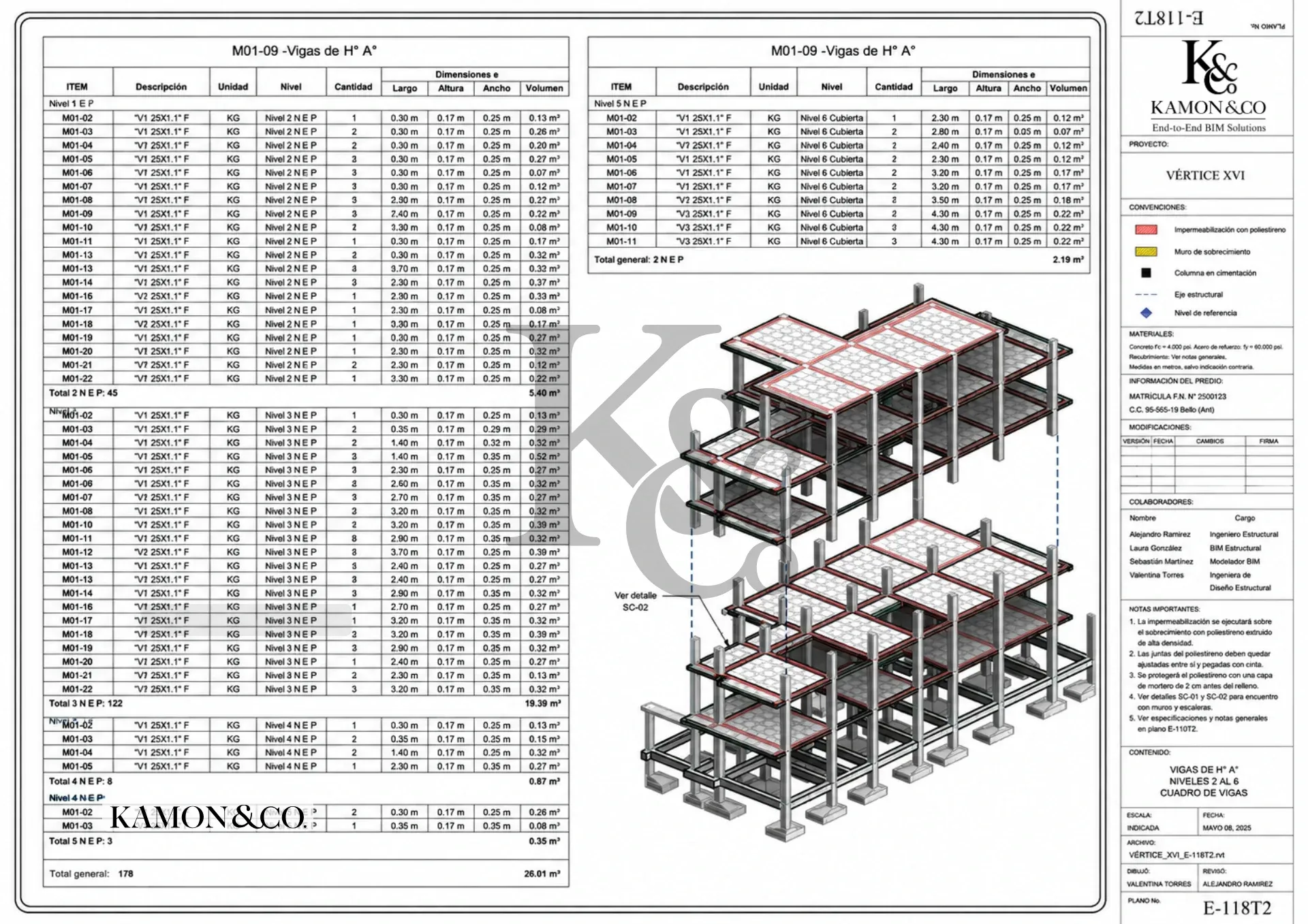 Lámina estructural KAMON & CO. E-118T2 con cuadro de vigas de hormigón armado por nivel y vista isométrica BIM del proyecto Vértice XVI.