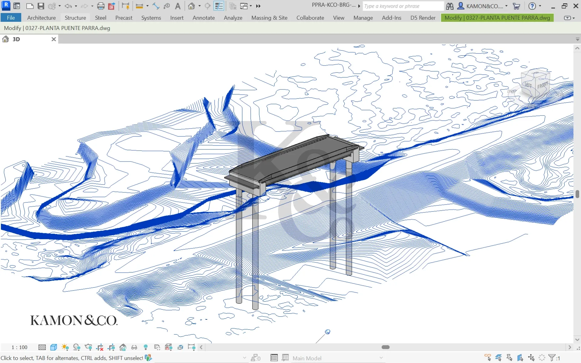Vista 3D del modelo IFC topográfico del puente sobre la quebrada Puerto Parra, Santander