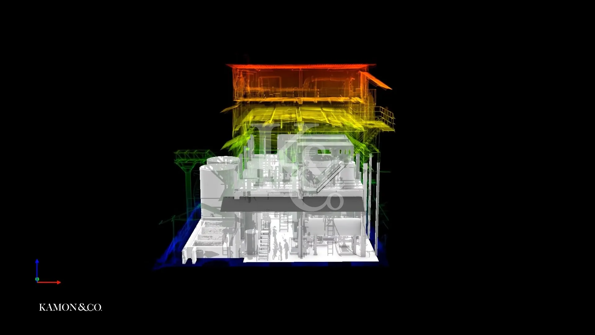 Comparación entre nube de puntos y modelo BIM As-Built de una planta petroquímica industrial, mostrando la fachada principal para procesos Scan to BIM y coordinación digital.