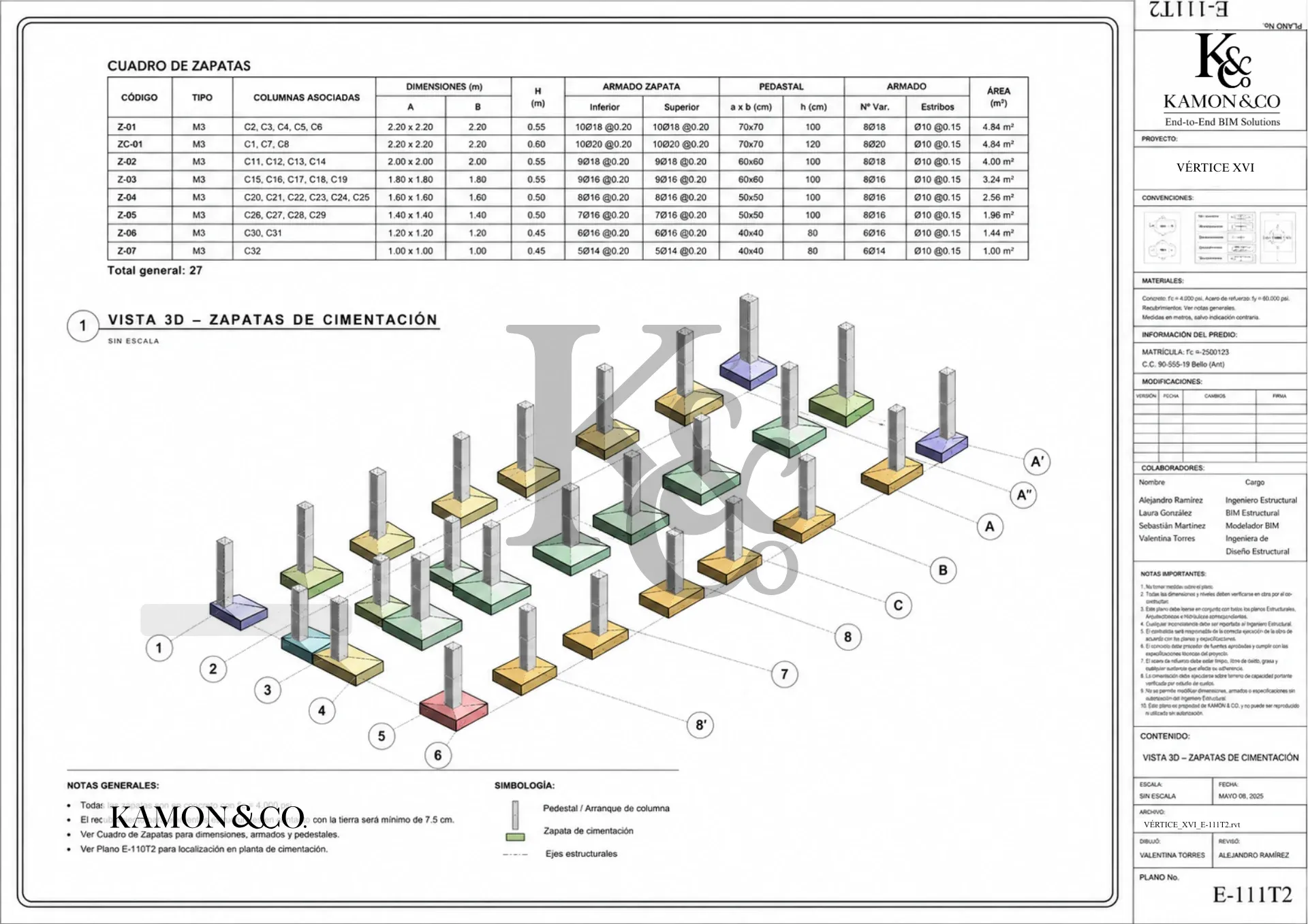 Lámina estructural KAMON & CO. E-111T2 con cuadro de zapatas de cimentación, pedestales y vista 3D estructural del proyecto Vértice XVI.