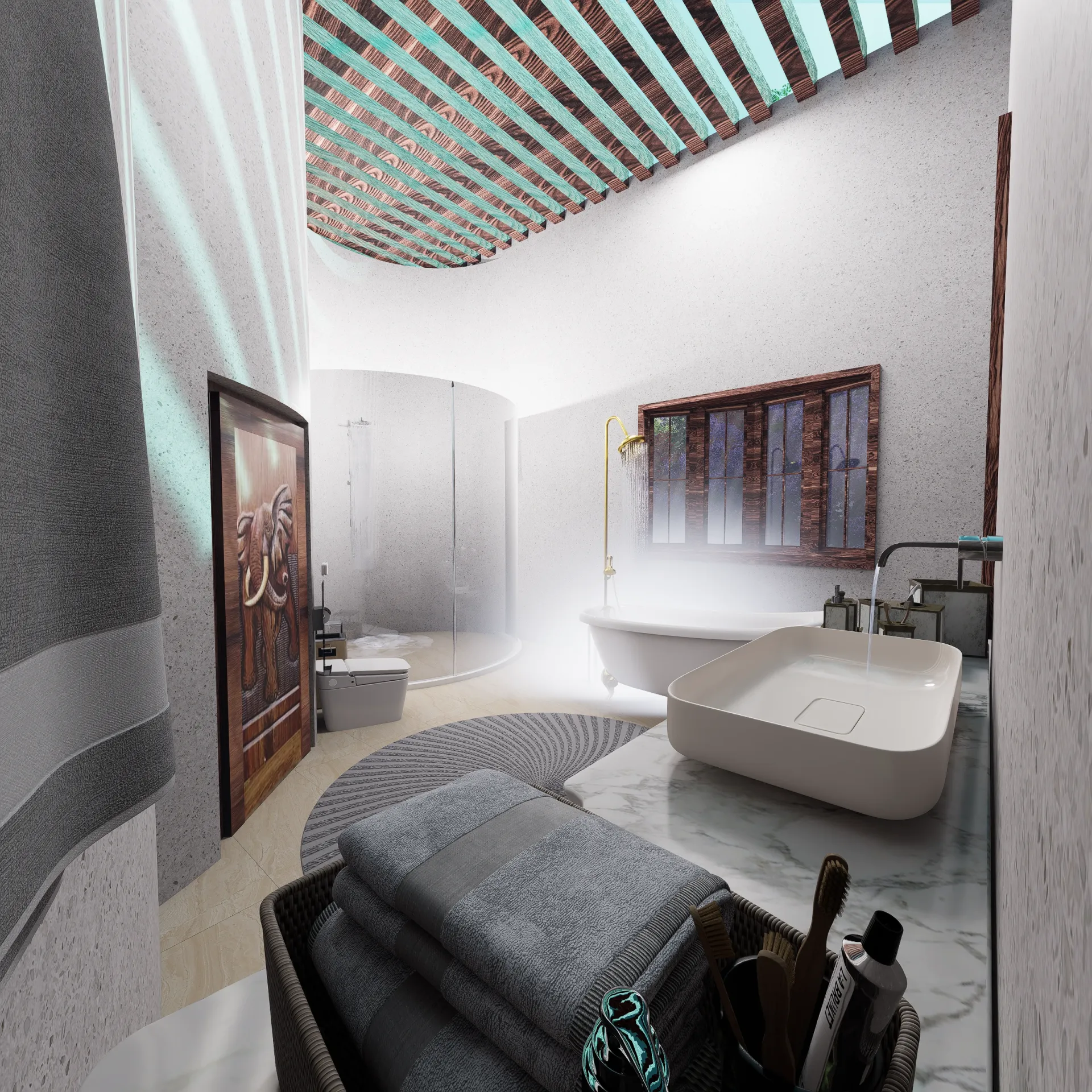 Photorealistic executive bathroom rendering of THE CURVE Corporate Headquarters in Envigado, Antioquia, Colombia by KAMON & CO.
