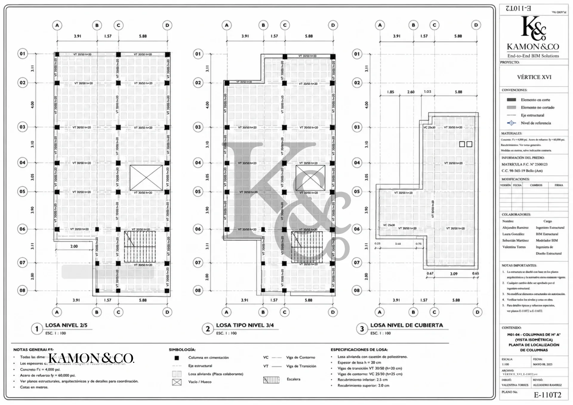 Lámina estructural KAMON & CO. E-110T2 de losas de concreto y localización de vigas, columnas y ejes del proyecto Vértice XVI.