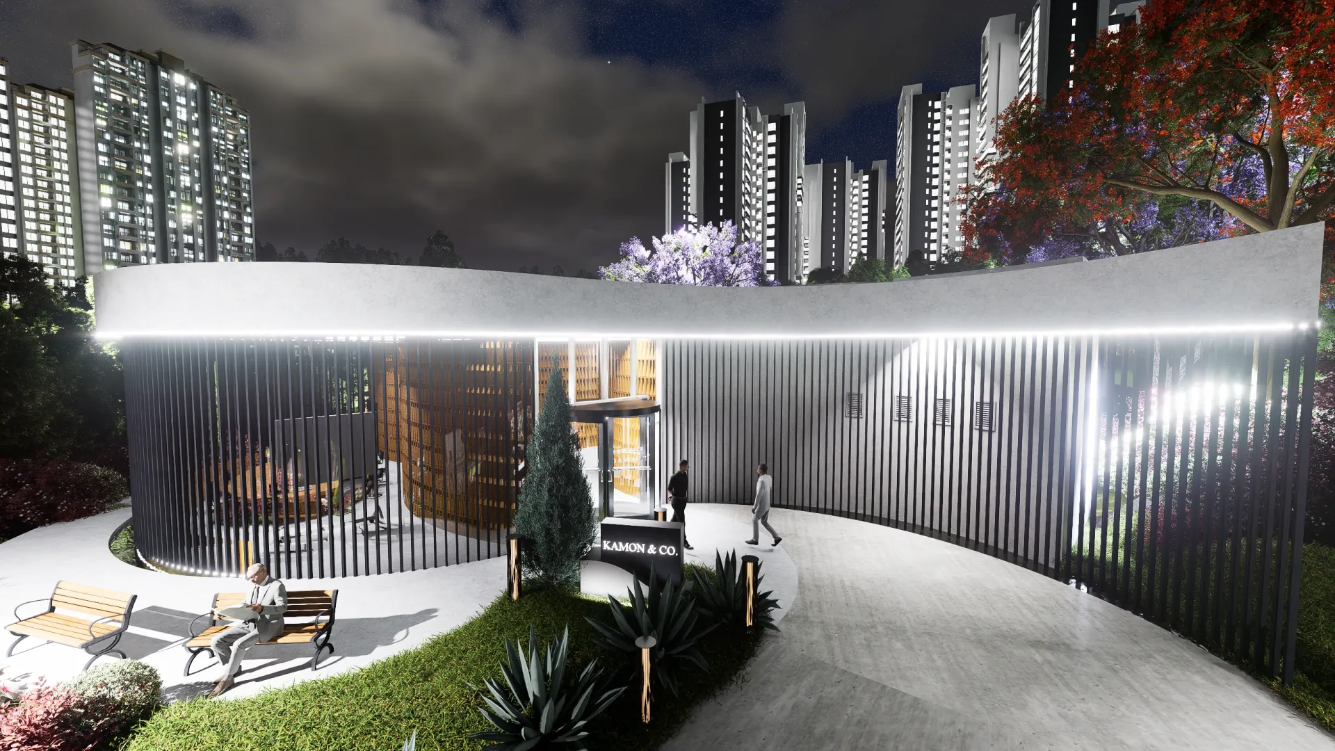 Photorealistic architectural visualization of THE CURVE Corporate Headquarters in Envigado, Antioquia, Colombia. Hero render created by KAMON & CO.