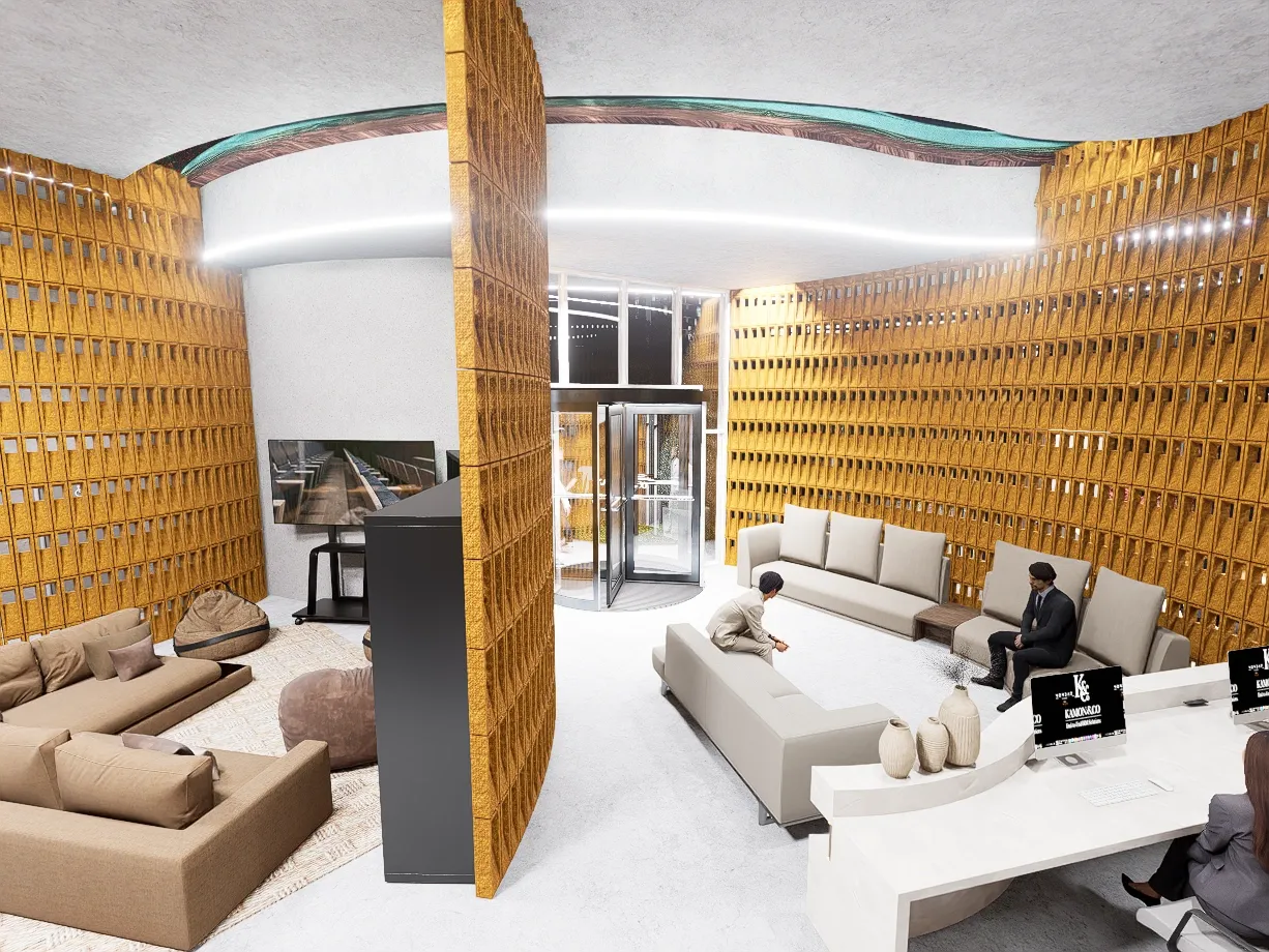 Photorealistic lobby rendering of THE CURVE Corporate Headquarters in Envigado, Antioquia, Colombia by KAMON & CO.
